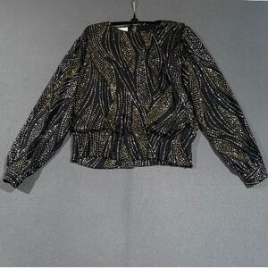 Fortina NYE Blouse Womens M Black Gold Silver Glitter Peplum Waist Party Vintage